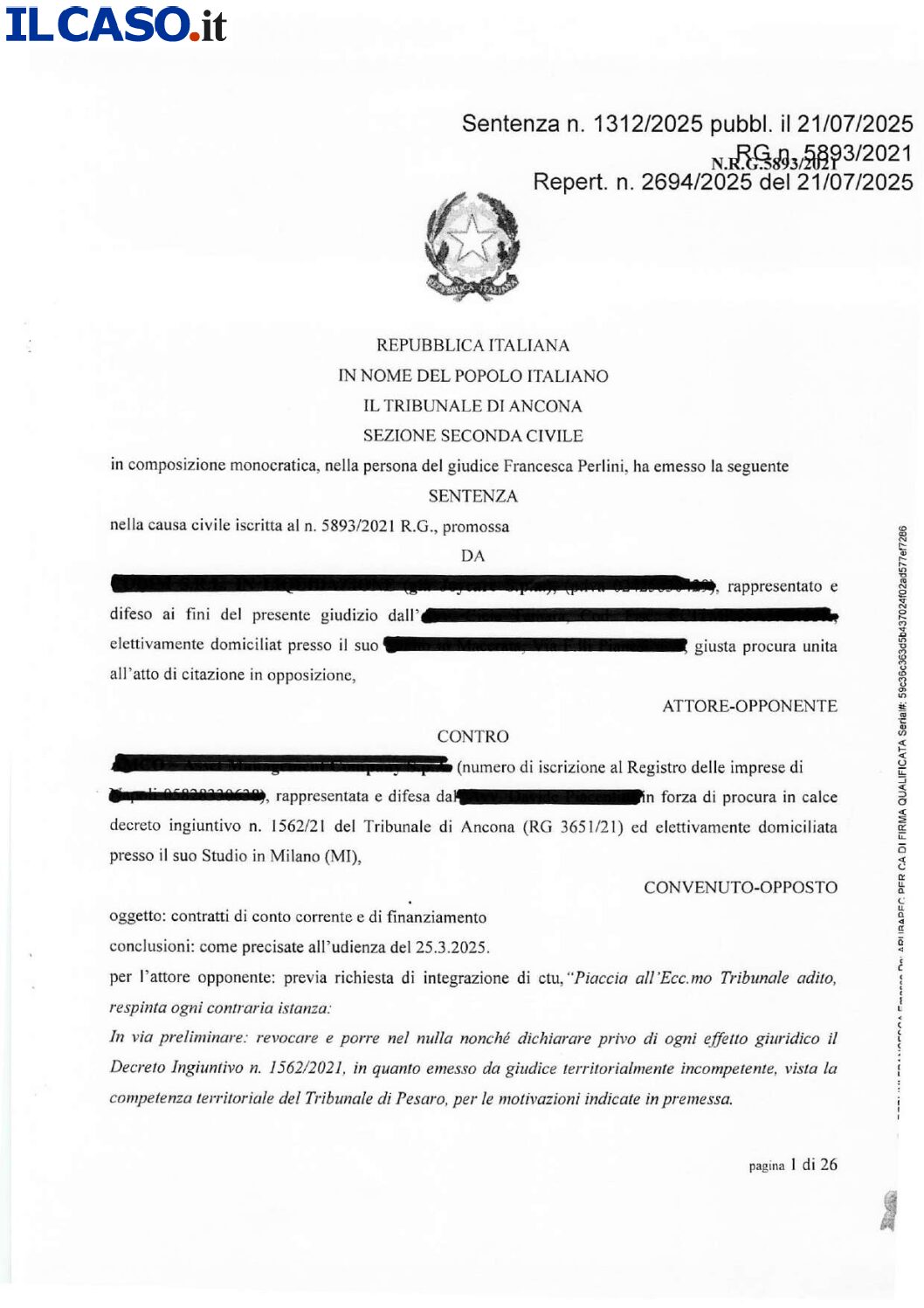 DELLA SENTENZA DEL TRIBUNALE DI ANCONA DEL 21/07/2025